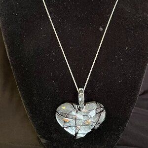 3D Heart Dichroic Glass Pendant • Black Silver Gold • 925 Italian Chain